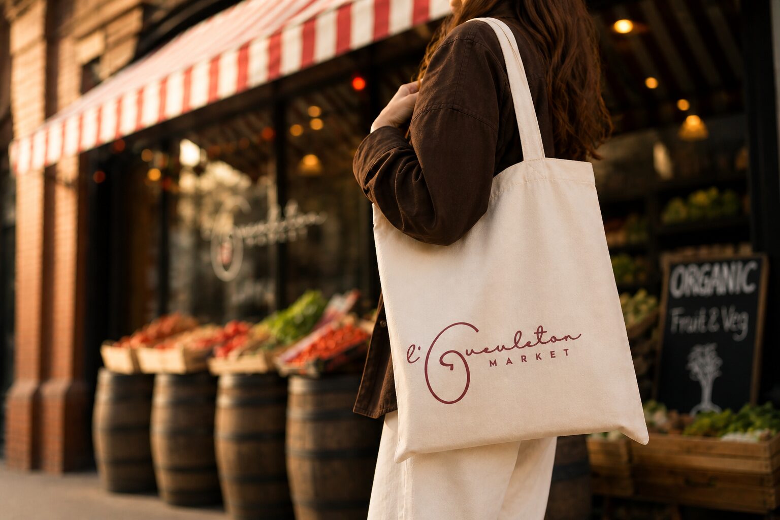 L'Gueuleton Market exterior with branded tote bag — identity in everyday use.
