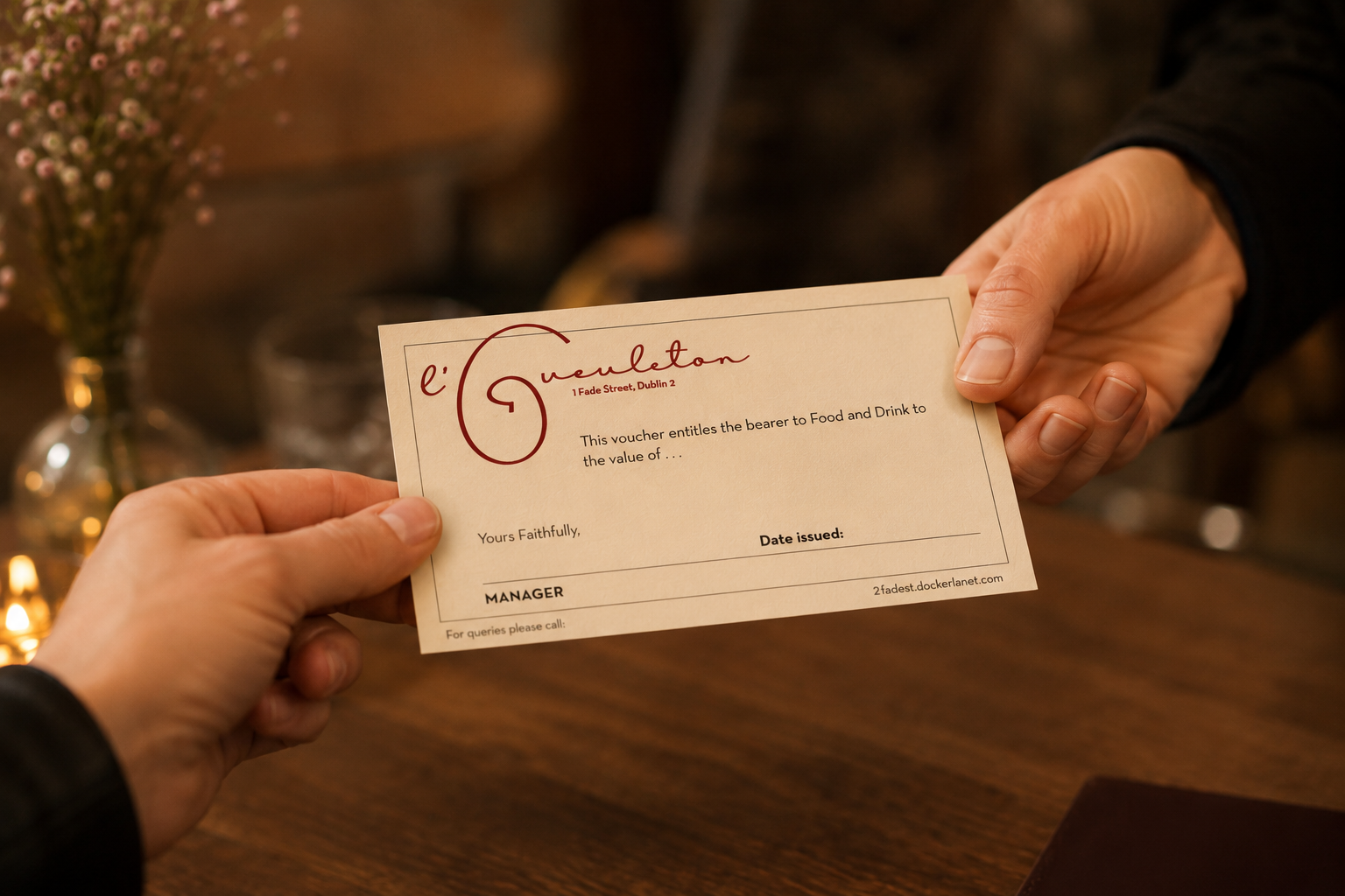 Printed L'Gueuleton gift vouchers.