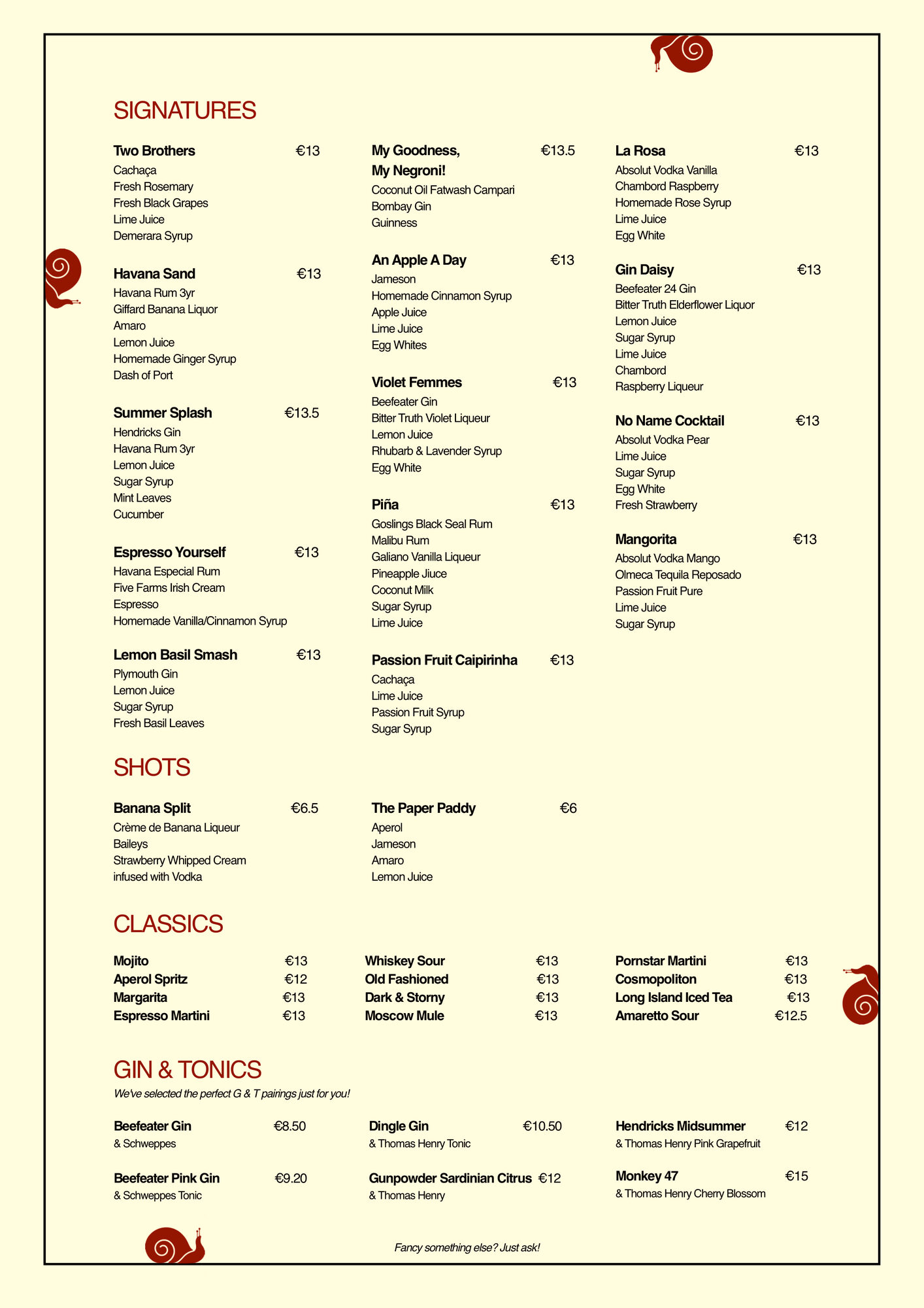 The full printed drinks menu — cream stock, oxblood section headings, snail motif.